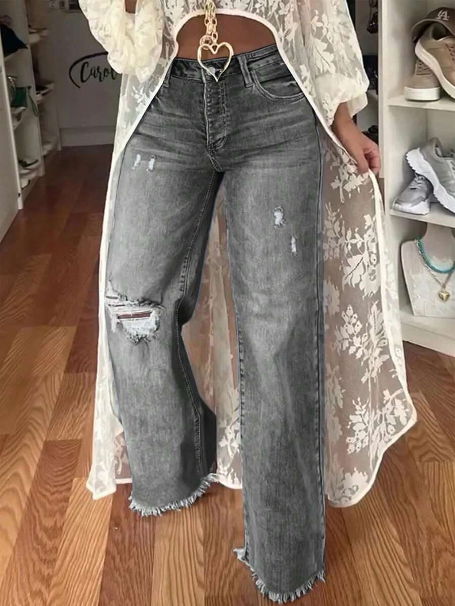 Light Wash Distressed High Waist Full Length Wide Leg Frayed Hem Women's Jeans, Casual Autumn Style - Grey - View 1