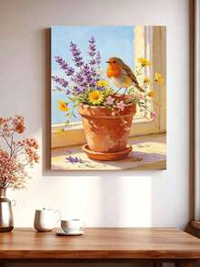 1pc Adult Beginner Digital Oil Painting Set, Robin On Flower Pot, DIY Oil Painting, Home Wall Decor, Christmas Holiday Gift - Frameless - View 3