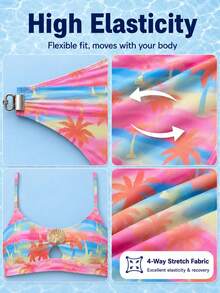 HOTTIE HABIT Women's Rainbow Palm Tree Print Round Neck Bikini Set, Gold Shell Hardware Hollow Front High Waist Two Pieces Summer Beach Vacation Swimsuit - Multicolor - View 8