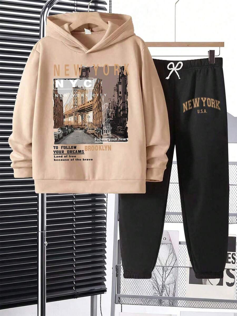 Tween Boy Cartoon Print Warm Hoodie And Pants - Khaki - View 1