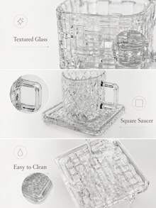 Square Textured Glass Coffee Cup & Saucer Set, Thick Transparent Espresso Cup With Handle, Woven Or Diamond Pattern, Dishwasher , Suitable For Coffee, Latte, Tea, Breakfast, Home & Office - Multicolor - View 7