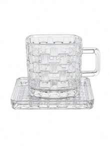 Square Textured Glass Coffee Cup & Saucer Set, Thick Transparent Espresso Cup With Handle, Woven Or Diamond Pattern, Dishwasher , Suitable For Coffee, Latte, Tea, Breakfast, Home & Office - Multicolor - View 12