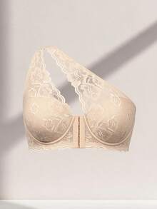 Bra Renda Satu Bahu Asimetris Ukuran Plus, Renda Bunga yang Nyaman dan Bernapas, Penutup Kait & Mata Multi-Baris di Depan, Penyangga Push-Up dengan Kawat Penyangga, Desain Renda di Bagian Belakang - Krem - View 8