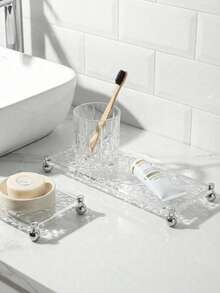 1 pieza Soporte de almacenamiento para cepillo de dientes con espejo con diseño de piedra y bola de madera, estilo francés minimalista, bandeja acrílica para maquillaje para el baño - Blanco - Ver 3