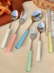 4/24pcs Set Exquisite Colorful Ceramic Handle Stainless Steel Cutlery Set, Pearl Gloss Multi-Color Ceramic, Includes Forks, Spoons, Etc., Iridescent Gloss Elegant Unique, Suitable For Home, Restaurant, Kitchen Daily Dining - Multicolor - View 9