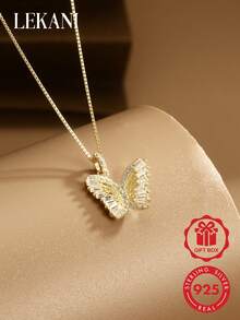 LEKANI 1pc S925 Sterling Silver Fashion Butterfly Necklace With Cubic Zirconia Rhinestones, Versatile Women's Jewelry Accessory, Exquisite Gift For Mother, Girlfriend, Friend, Suitable For Daily Wear - Gold - View 1