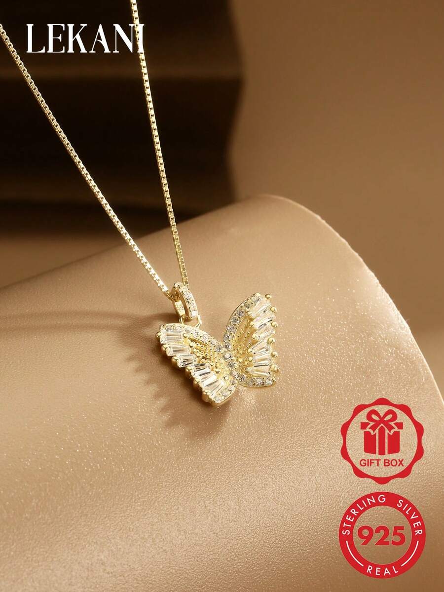 LEKANI 1pc S925 Sterling Silver Fashion Butterfly Necklace With Cubic Zirconia Rhinestones, Versatile Women's Jewelry Accessory, Exquisite Gift For Mother, Girlfriend, Friend, Suitable For Daily Wear - Gold - View 1