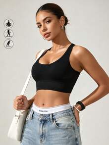 Runway Rest 1pc Solid Color Women's Sports Bra, Removable Padding Fitness Yoga Racerback Comfortable Sports Underwear - Black - View 1