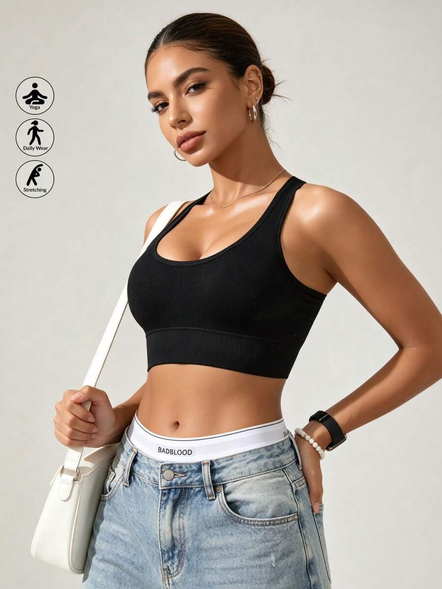 Runway Rest 1pc Solid Color Women's Sports Bra, Removable Padding Fitness Yoga Racerback Comfortable Sports Underwear - Black - View 1