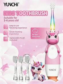 YUNCHI Children's Electric Toothbrush With 2-Minute Timer And 4 Replacement Brush Heads, Rainbow LED Lights Make Brushing Fun, AAA Battery Powered - Multicolor - View 2
