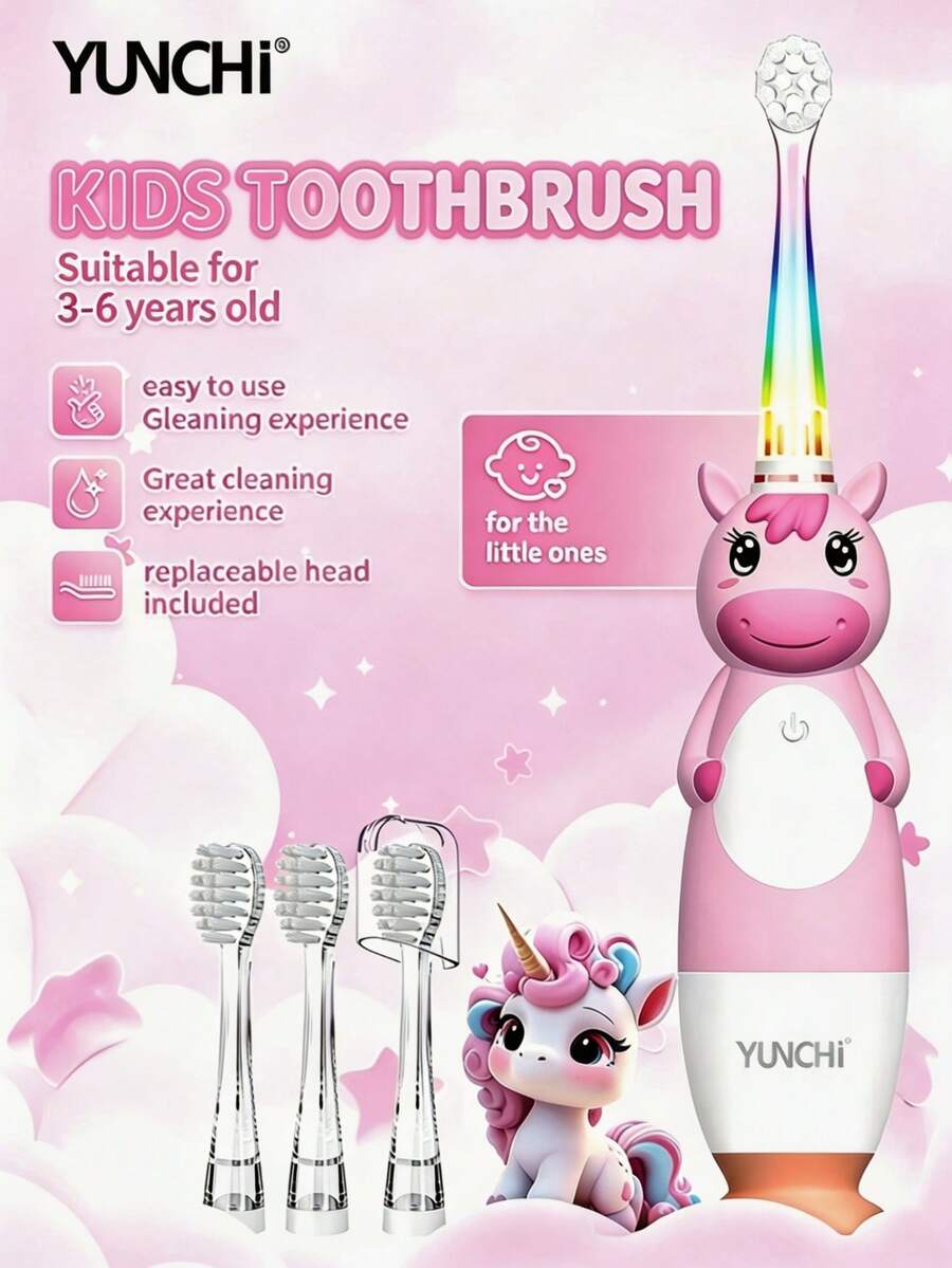 YUNCHI Children's Electric Toothbrush With 2-Minute Timer And 4 Replacement Brush Heads, Rainbow LED Lights Make Brushing Fun, AAA Battery Powered