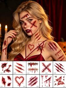 20pcs Halloween 3D Realistic Scar Temporary Tattoo Stickers, Horror Bloody Wound Zombie Tattoos, Suitable For Adult Body And Face, Costume Party Prank Makeup, Cosplay, Costume Party - Red - View 6