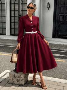 Elegant Women's Colorblock Cinched Waist Lapel Long Sleeve Mid-Length Dress, Front Button Long Sleeve Design, With Belt Red - Red - View 3