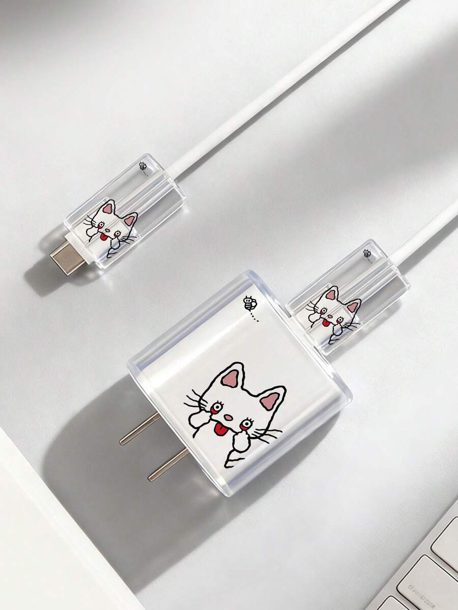 Cute White Cat Tongue Transparent Charger Protective Case Set, Compatible With Apple 20W Fast Charger Head And Data Cable, Anti-Drop Shell - Black - View 1