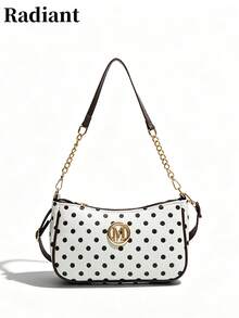 Tas Bahu Wanita Kulit PU Motif Polkadot dengan Tali Rantai dan Detail Logo, Gaya Kasual, Cocok untuk Penggunaan Sehari-hari - Putih - View 2