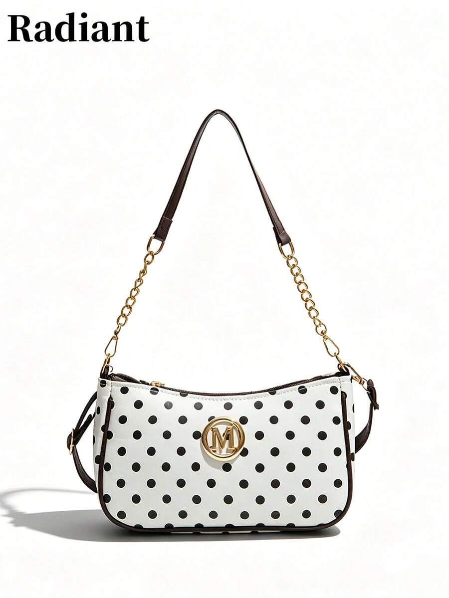 Tas Bahu Wanita Kulit PU Motif Polkadot dengan Tali Rantai dan Detail Logo, Gaya Kasual, Cocok untuk Penggunaan Sehari-hari