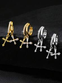 1 Pair/Unisex Fashion Double Cross Copper Zirconia Earrings, Religious Earrings Suitable For Daily Wear Or Gifting To Family And Friends - Multicolor - View 2