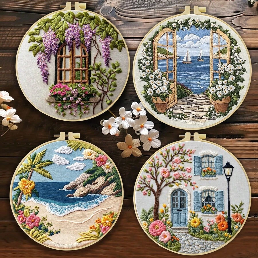 1 conjunto Kit de Bordado DIY, 15x15cm/5,9x5,9in ou 20x20cm/7,9x7,9in, Tema de Paisagem, Adequado para Iniciantes Adultos, Inclui Tecido, Instruções, Aro de Bordado, Agulhas de Bordado, Presente de Bordado para Senhoras, Decoração de Casa ou Escritório, Obra de Arte Feita à Mão