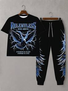 Plus Size Men's 2-Piece Set, Round Neck Graphic T-Shirt + Men's Jogger Pants, "Eagle + Lightning" Print Casual Outfit, Streetwear Series, Men's Summer Clothing - Polyester Fabric, Drawstring, Pockets, Suitable For Plus Size - Black - View 2