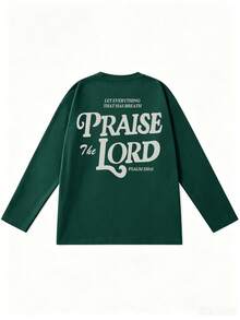 American Healing Style Vintage Floral Bible Verse Print Long Sleeve T-Shirt, Soft Skin-Friendly Oversize Lazy Outerwear Base Layer Tee For Men - Dark Green - View 4