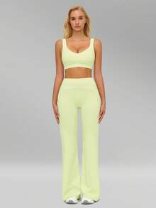 MFVIM Women's Sports Suit, Two-Piece Set With Color-Blocked Lines, Sports Bra And Flared Pants, High-Waisted, High-Elasticity, Quick-Drying Yoga Set - Olive Green - View 7