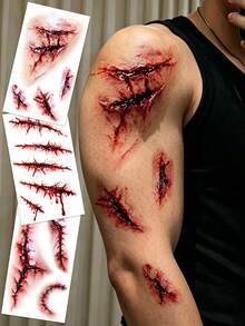3Pcs Halloween Zombie Scar Temporary Tattoo Stickers, Fake Bloody Stitched Wound Scars, Waterproof Long-Lasting Fake Tattoos, Perfect For Makeup Parties, Pranks And More - Red - View 8