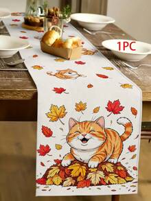 Camino de mesa con diseño de gato y hoja de arce para el Festival de Cosecha de Acción de Gracias, estilo pastoral de otoño, decoración del hogar y cocina de Acción de Gracias, camino de mesa, mantel individual, funda de almohada, decoración del hogar y suministros para fiestas del Festival de Cosecha de Acción de Gracias - Multicolor - Ver 17