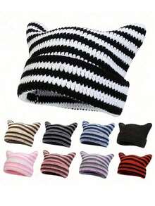 1pc Women's Handmade Knitted Hat, Y2K Striped Hat, Couple Cute Cat Ear Casual Hat, Suitable For Autumn/Winter Outdoor Sports, Street Fashion Matching, Christmas Winter Gift Cute - A - View 9