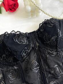 1pc Lace Rose Mesh Underwire Embroidered Sheer Fitted Bustier Top - Black - View 4