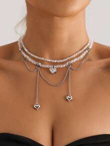 1 Set 2pcs Heart-Shaped Rhinestone Double Chain Tassel Design Collarbone Necklace, INS Luxury Crystal Necklace - White - View 2