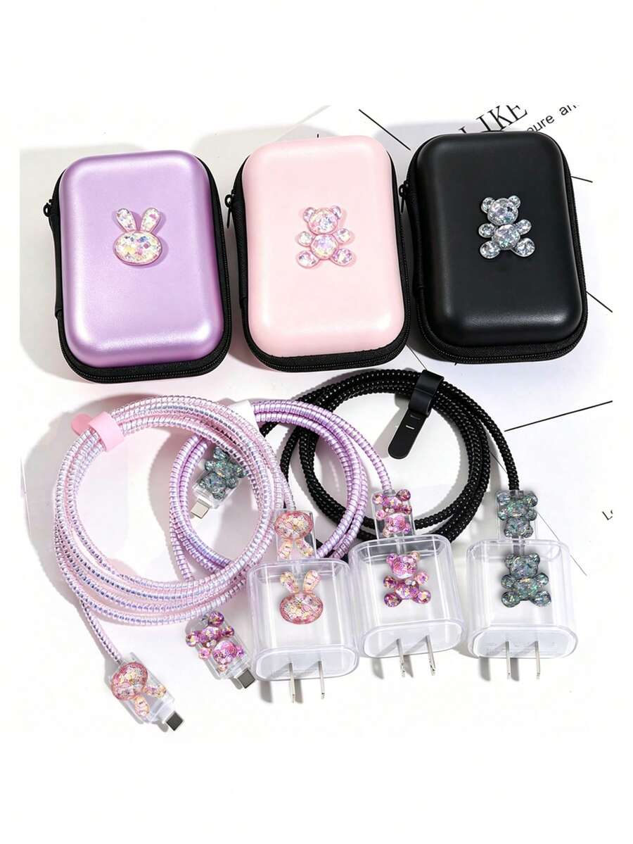6pcs Rhinestone Bear & Rabbit Data Cable Protector Set With Hard Shell Digital Storage Bag, Layered Mesh Pockets For Charging Cables & Earphones, Matching Glitter Bear & Rabbit Charger Protective Case And Cable Wrap Rope, Black & Pink Dual Color Options, Pressure-Resistant Shockproof Portable Carry, Cute Cartoon Digital Accessories Set For Students & Commuters - Multicolor - View 1