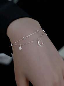1pc Forest Style Small Fresh And Sweet Double-Layered Star And Moon Bracelet For Women Dating Daily Gift - Silver - View 2