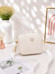 Quilted Square Crossbody Bag, Butterfly Metal Decor Zipper Wallet, Faux Leather Shoulder Bag - White - View 5