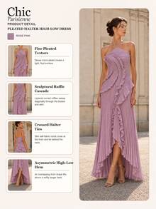Blush Pink:Blush Pink Ruched Halter Asymmetrical Hem Long Dress - 粉紅色 - 查看 4