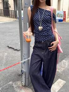海軍藍波點女款短袖T恤 夏季新款熱銷設計 時尚韓風不對稱肩上衣 - 藏青色 - 查看 3