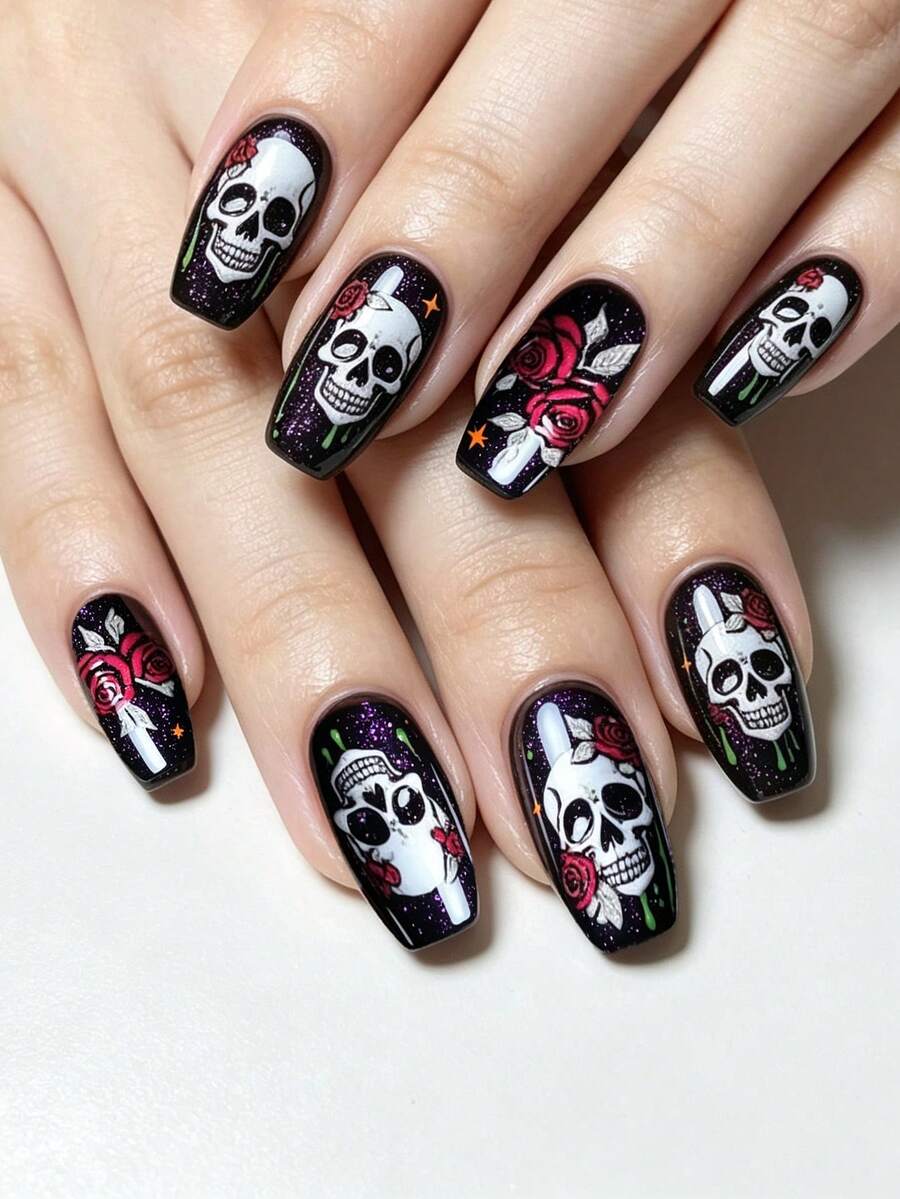24pcs Halloween Press-On Nails, Medium Square Full Coverage Fake Nails, Dark Style Skull & Flower Design, Suitable For Halloween And Day Of The Dead, Includes Jelly Glue And Mini Nail File, Jelly Glue Randomly Shipped - Multicolor - View 1