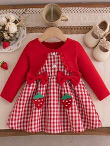 Gaun Putri Merah untuk Bayi Perempuan Musim Gugur/Dingin dengan Pita dan Motif Kotak-kotak yang Manis - Merah - View 1