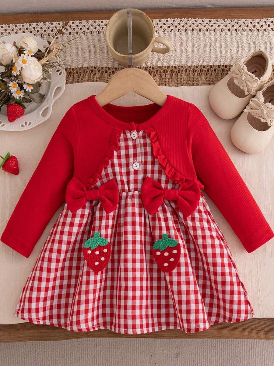 Gaun Putri Merah untuk Bayi Perempuan Musim Gugur/Dingin dengan Pita dan Motif Kotak-kotak yang Manis - Merah - View 1