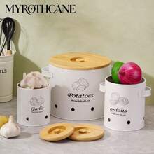 MYROTHCANE 3 Packs Ventilated Potato Onion Garlic Storage Canisters, White Metal Vegetable Storage Tins With Bamboo Lid & Side Handles, Breathable Holes Kitchen Pantry Organizer Containers For Potatoes Onions Garlic Storage - White - View 2