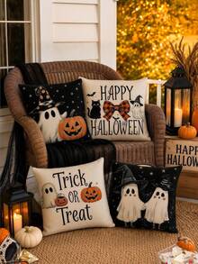4pcs Halloween Pillow Covers, Ghost Pumpkin Black Cat Home Decor, Vintage Sofa Cushion Covers, Autumn Halloween Decoration - Black - View 5
