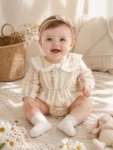 Baby Girl Long Sleeve Romper, Off-White Ditsy Floral With Lace Trim Collar, Cute And Sweet - Apricot - View 2