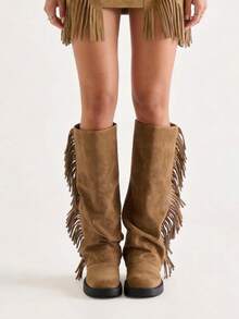 Slouchy Fringe Western Fold Over Boots For Women, Retro Boho Knee High Cowboy Boots For Festival & Country Concert, Casual Fall Winter Cowgirl Boots - 棕色 - 查看 4