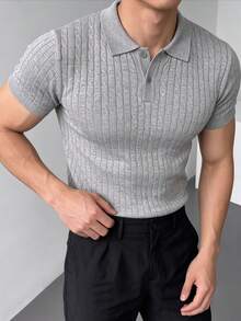 ZYNTH BALENO Men's Summer Fashion Cable Knit Slim Fit Regular Shoulder POLO Collar Short Sleeve Sweater, Suitable For Outdoor Sports, Gym Workouts - Light Grey - View 4