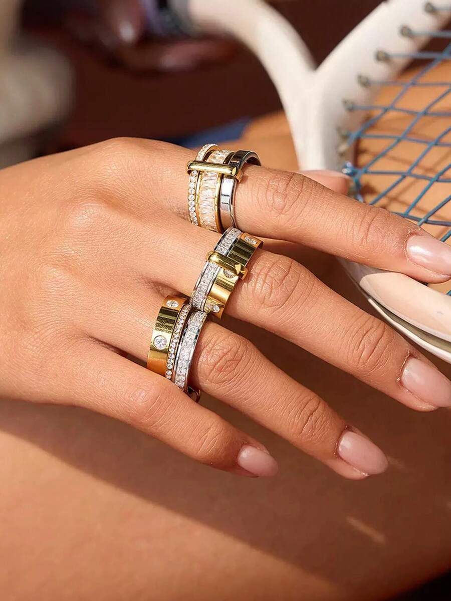 Uself 2pcs/1pc Luxury 18k Gold & Silver Two-Tone Stainless Steel Rings, Women's Waterproof Design Statement Rings, Stackable Jewelry, Gift For Her - Multicolor - View 1