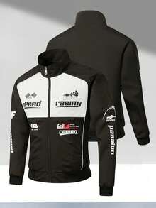 Jaket Motor Pria Hitam Putih dengan Motif Grafis Balap, Kerah Tegak, dan Resleting Penuh, Perlengkapan Berkendara - Hitam - View 5