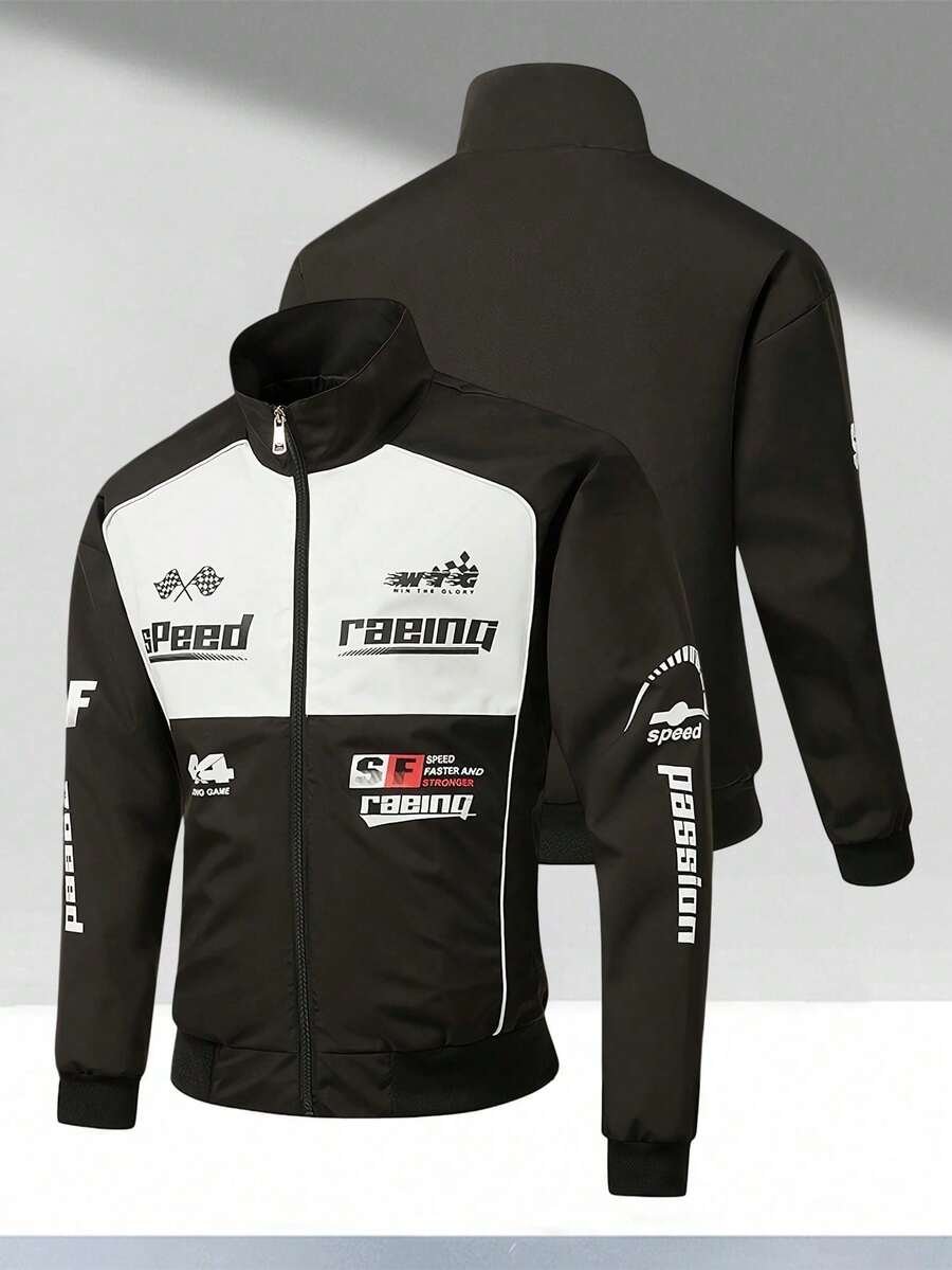 Men's Black & White Color Block Racing Graphic Print Stand Collar Full Zip Motorcycle Jacket, Riding Gear - Black - View 1