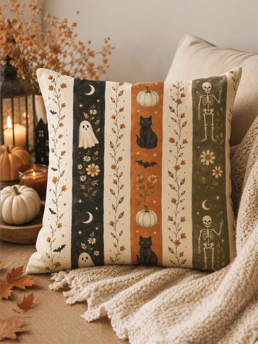 1/2/4pcs Faux Linen Halloween Gift Pillow Covers, Halloween Gift, Vintage Vertical Stripe Ghost Black Cat Pumpkin Skeleton Autumn Flower Illustration Print Pattern, Zipper Closure Easy To Remove And Install, Machine Washable, Pillow Insert Not Included - Multicolor - View 1