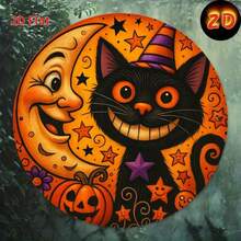 1 pièce Panneau métallique rond vintage américain d'Halloween, chapeau de sorcière, chat noir avec lune croissante anthropomorphique souriante, citrouille, étoile, imprimé de dessin animé, couleurs rétro orange et jaune, plaque murale métallique suspendue pour entrée de fête, salon, thème de vacances - Multicolore - Voir 7