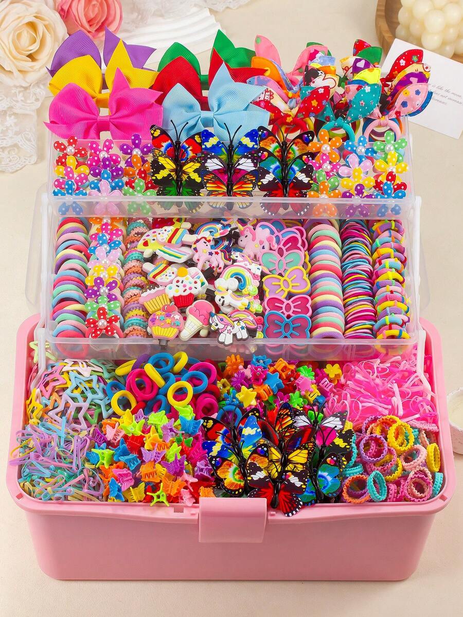 866pcs Cute Bright Color Girls Hair Accessories Set, Including Bow Hair Clips, Rainbow/Unicorn/Ice Cream Hair Clips, Faux Butterfly Alligator Hair Clips, Star Snap Clips, Mini Claw Clips, Flower/Rabbit Ear Hair Ties, Bamboo Knot Towel Scrunchies, Ruffled Elastic Hairbands And TPU Rubber Bands, Suitable For Daily, Party, Travel Use - Multicolor - View 1