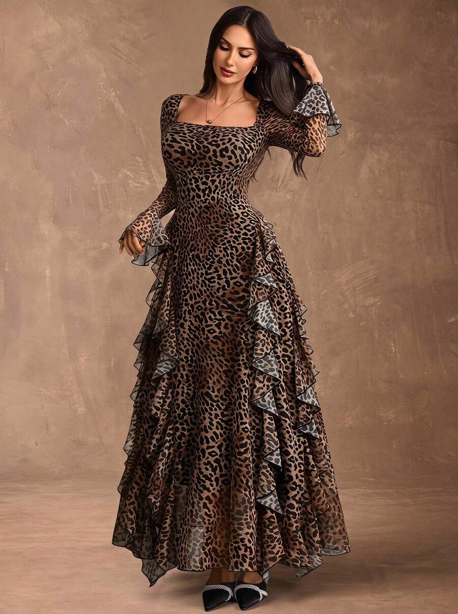 Women's Elegant Sexy Modern Luxurious Long Sleeve Y2K Romantic Ruffle Double Layer Abstract Leopard Print Dress Spring Vacation - Multicolor - View 1